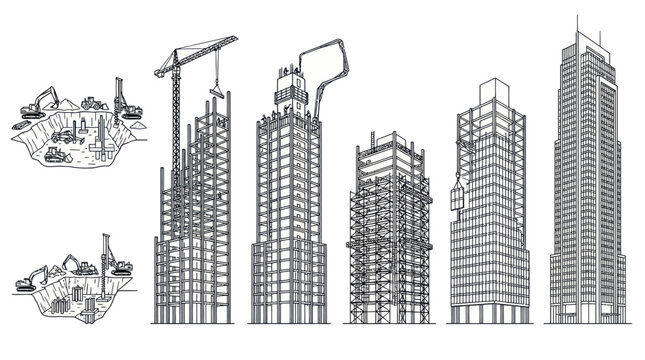 Construction building progress, from foundation to skyscraper, line art