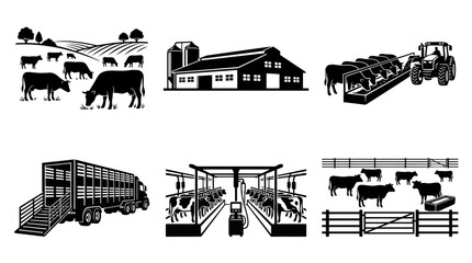 Obraz premium Black and White Icons of Farm Animals, Barn, Tractor, and Truck