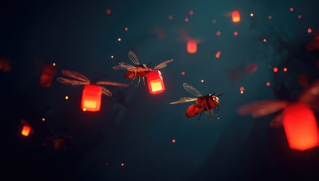 Bees carrying glowing lanterns, dark night scene