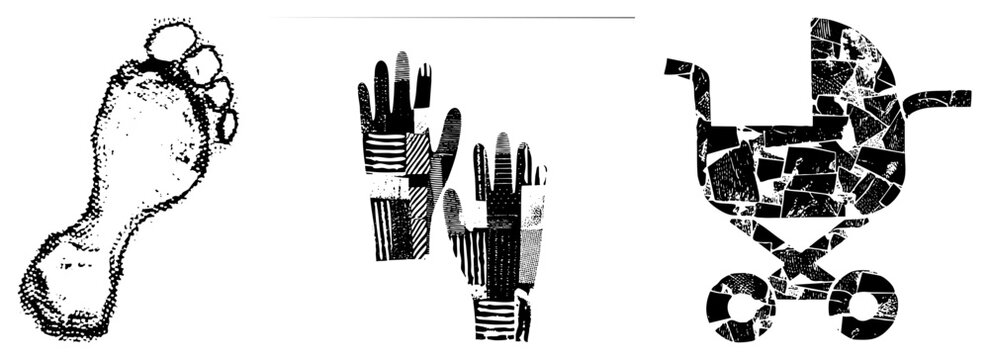 Stylized halftone illustrations depicting human footprint, pair of gloves, baby carriage also known as dot matrix graphics or screen printed.