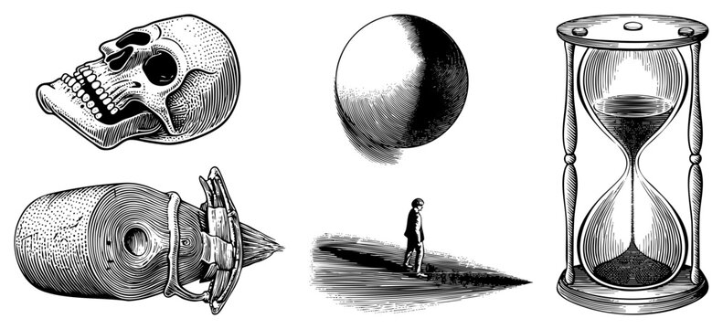 Classical engraved illustration featuring human, sand timer, celestial orb, and lone pedestrian also known as anatomical etching, mortality motif, or memento mori graphic.