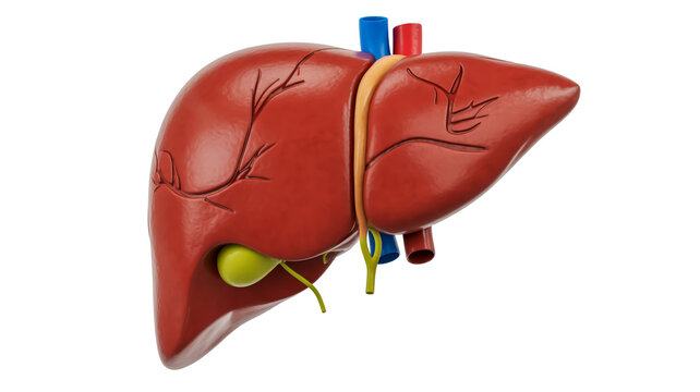 Liver anatomy with blood vessels and bile duct shown on a medical illustration