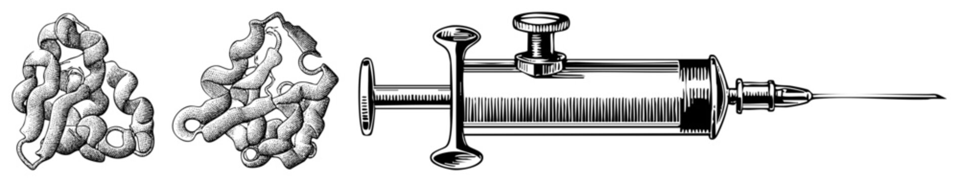 Medical syringe illustration with intricate ribbed barrel and calibrated plunger, also known as hypodermic injector or clinical dosing tool, alongside stylized protein folds or enzymatic models.