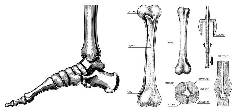 Medical diagram showing foot skeletal structure, tarsal bones, metatarsal bones, plantar view, anatomical study, orthopedic reference.