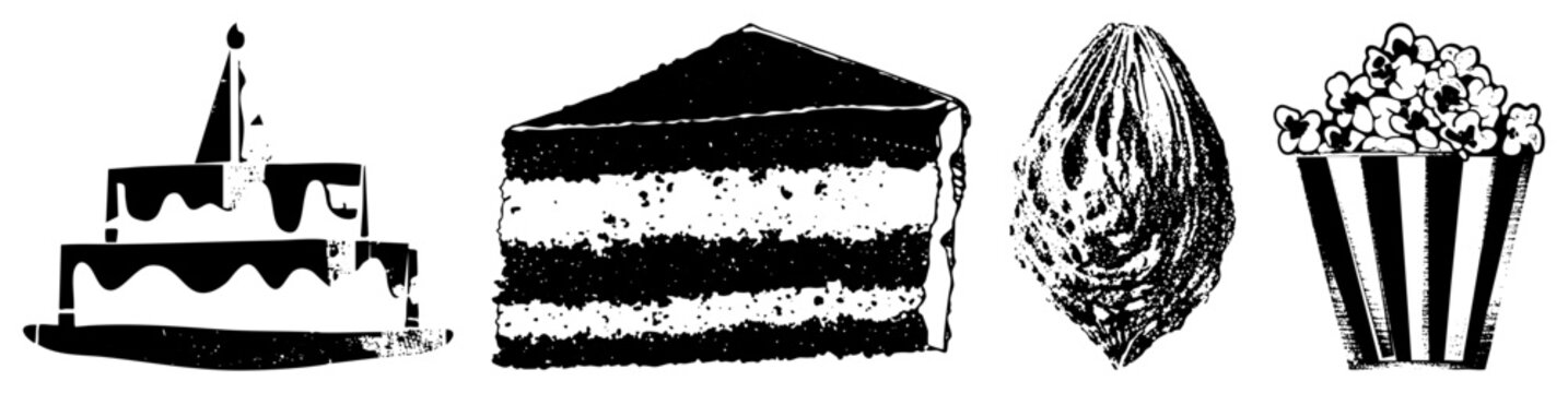 graphic illustrations of dessert items layer cake with candle, sliced chocolate cake, whole almond nut, striped popcorn container. Ideal for party themes or snack.
