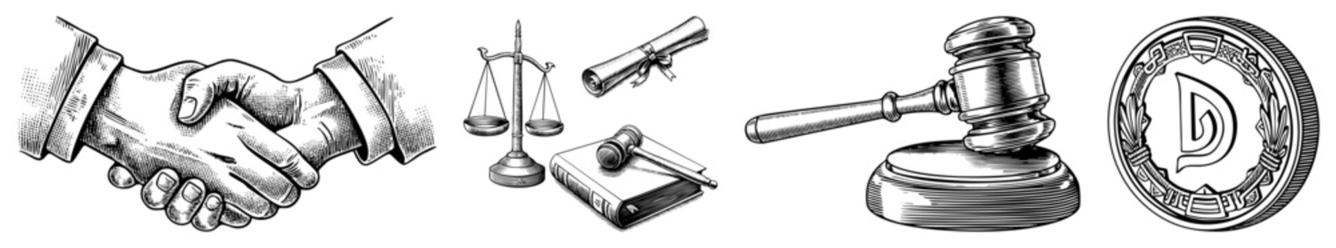 Contractual partnership including handshake, justice scales, legal gavel, and emblematic coin jurisprudence, statutory symbols.