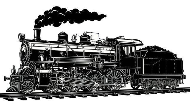 Vintage Steam Train Black and White Line Art Vector Illustration