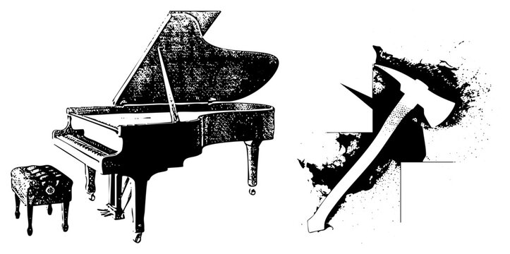 Classic concert piano with bench rendered in stippled halftone technique also features a stylized graphic ideal for music or destruction themed designs, cutout illustration.