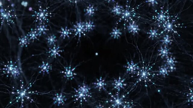 Abstract representation of interconnected glowing blue nodes resembling a neural network or cosmic star clusters on a dark background.