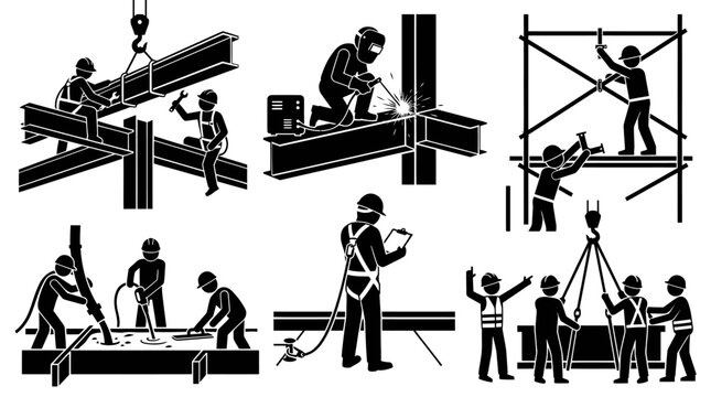 Construction Workers Building Process Black and White Glyph Icons Set