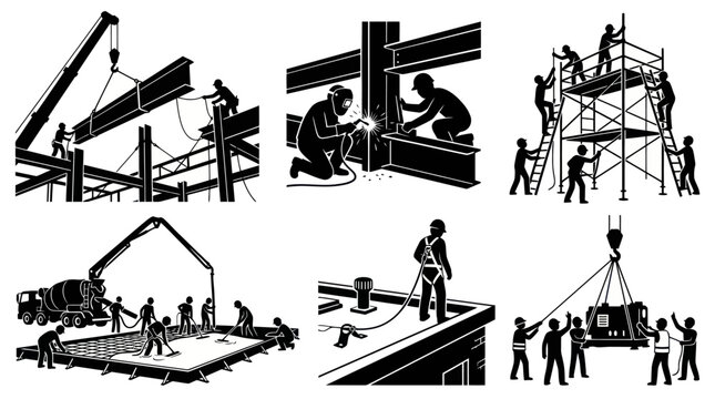 Construction Workers and Building Process Silhouette Glyph Vector Set