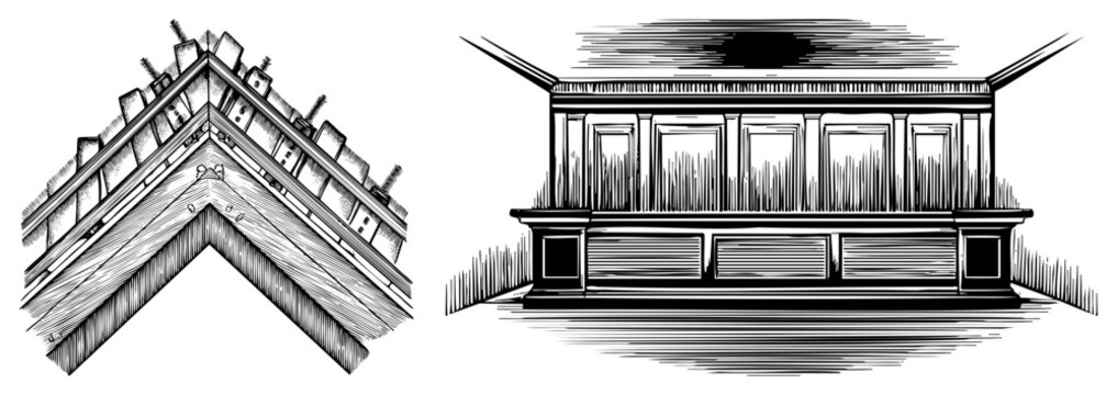Technical illustration of timber framing corner joint and ornate cabinetry, woodworking detail, carpentry schematic, woodwork blueprint, joinery diagram.