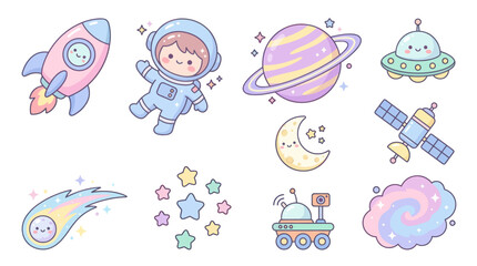 Fototapeta premium Cute Kawaii Space Elements Vector Set with Astronaut, Rocket, Planet UFO Icons