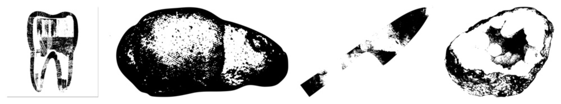 Grayscale halftone illustrations of dental anatomy, vegetable, cutting tool, and geological sample stylized raster graphics mimicking print textures, ideal for educational or design use.