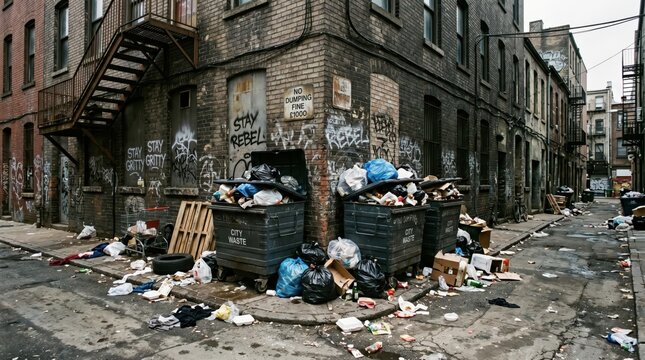 Urban alley with overflowing dumpsters and scattered debris