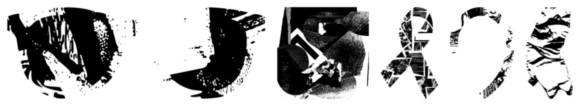 Torn ribbon graphics with gritty halftone, distressed vector cutouts, fragmented banners, weathered tape design, rugged emblem elements.