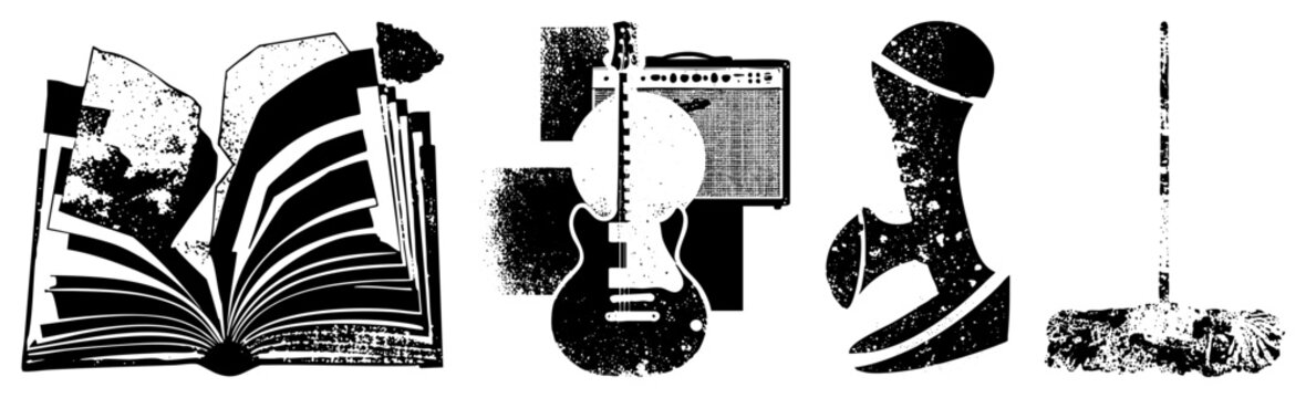 Distressed symbols open book, guitar amp, headless mannequin, mop punk/indie/retro branding. Alt stenciled, punk vectors.