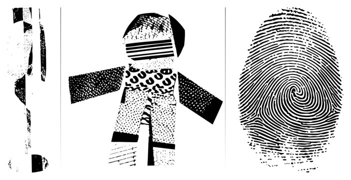 Triptych of halftone vector graphics including a humanoid form, fingerprint swirl, and fragmented glyph also called stippled set or dot matrix illustration suite.