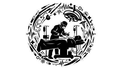 Fototapeta premium Medical Surgery Operation Silhouette: Surgeon Patient in Circular Healthcare Design