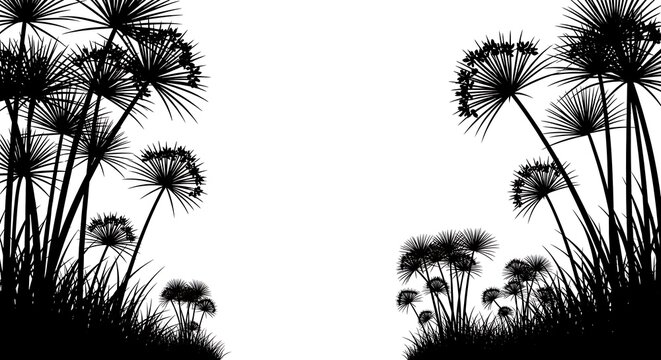 Black silhouette of papyrus plants and reeds on white background