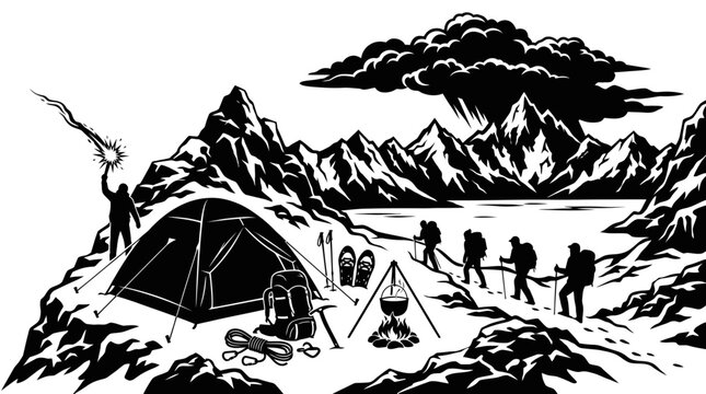 Black and White Illustration of Mountain Hikers with Tent and Campfire