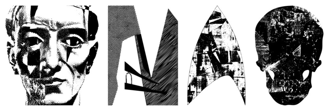 Stylized halftone illustrations featuring fragmented human face, angular glyphs, and skull motif grainy dot matrix art, stippled vector graphics, low res digital aesthetic.