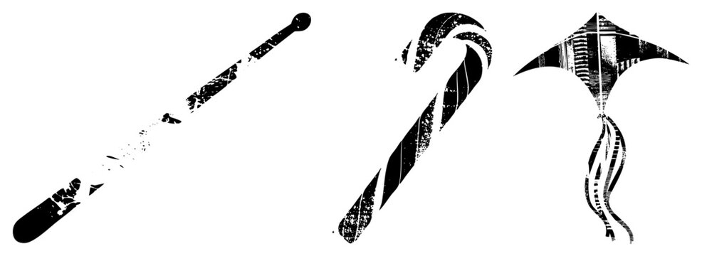 Distressed holiday themed vector symbols including percussion mallet, peppermint stick, and diamond shaped kite ideal for retro design, print, or digital.