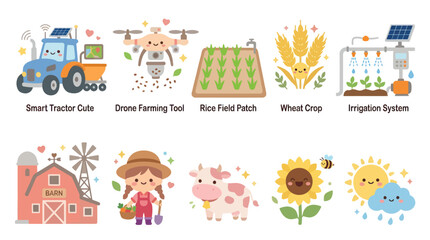 Naklejka premium Cute Farming Icons: Tractor, Drone, Barn, Cow, Sunflower, Wheat, Sun