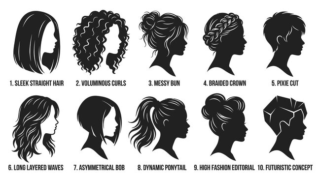 Black and White Silhouettes of Women's Hairstyles on White Background