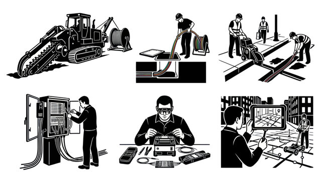 Black  White Line Art of Network Cable Installation and Maintenance
