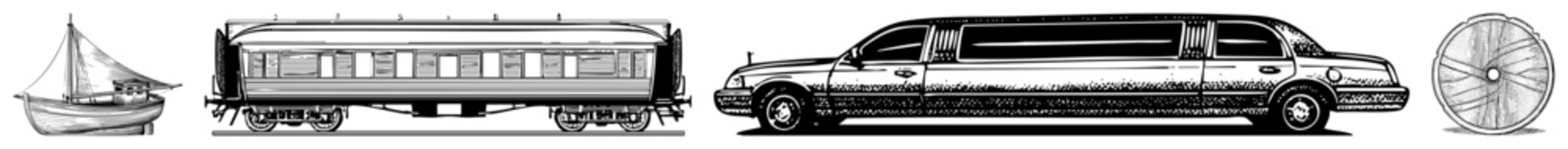 Classic transport illustrations in style, retro travel symbols, vintage vehicle silhouettes, nostalgic conveyance graphics, clipart set.