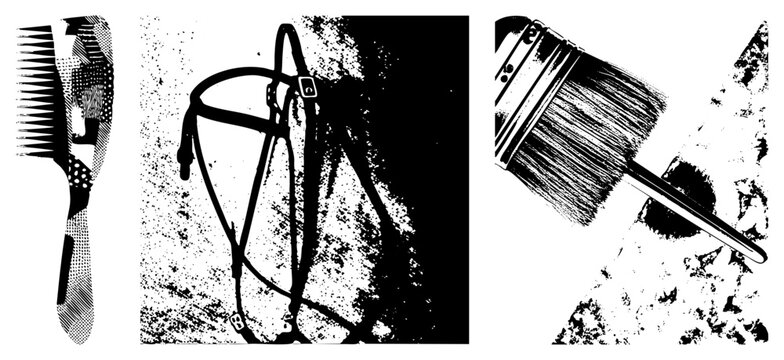 Black and white graphic trio featuring comb, horse bridle, and paintbrush rendered in halftone style ideal for vintage design, print, or digital.