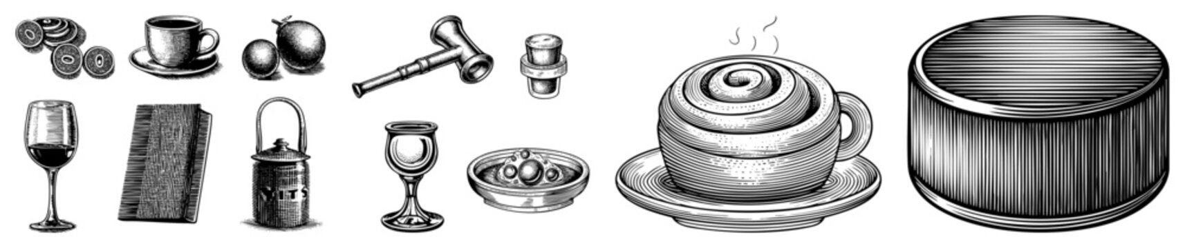 Retro halftone graphic collection featuring coffee cups, wine glasses, cinnamon roll, and bar tools also known as engraved beverage set or antique print.