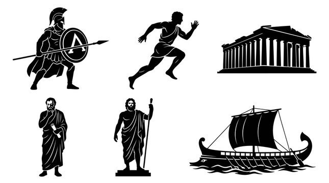 Ancient Greek Civilization Black Silhouette Icons Set - Warrior, Athlete, Temple, Philosopher, Ship