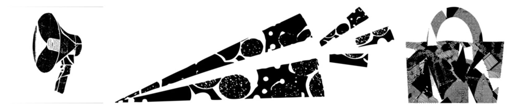 Stylized loudspeaker symbol emitting bursts, noise amplifier graphic, broadcast with grainy, communication emblem, vector illustration.