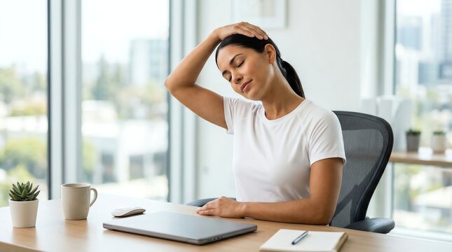 Woman Stretching Her Neck to Relieve Tension in a Modern Office Workplace