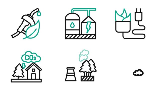 Green Technology 2D Outline Icon Animation Cartoon 4K Video. Motion Graphic. Contain bio fuel, biogas, biomass energy, carbon capture. Editable On Transparent Background Alpha Channel.