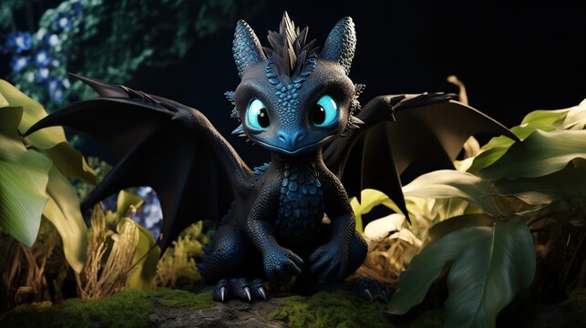 Adorable blue dragon hatchling perched among moonlit jungle leaves and mysterious foliage