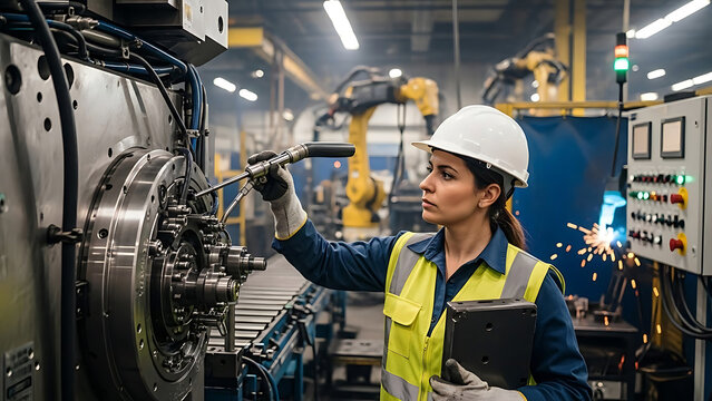 Female engineer in yellow vest and helmet inspects machinery with tablet in factory