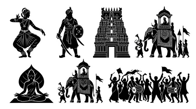 Diverse Indian Culture Silhouettes: Traditional Dancers, Warriors, Temples, Buddha  Festivals
