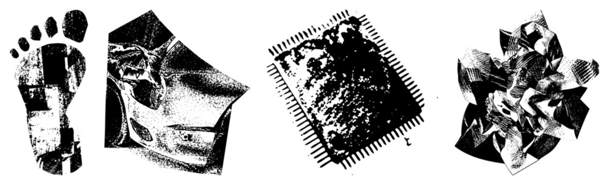 Black and white halftone graphic set featuring human footprint, automotive profile, integrated circuit, and crumpled paper motif also called stipple art or dot matrix design.