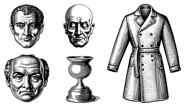 Black and white engraved character portraits with aged expressions, ornate, classic trench coat also called etched vignettes, woodcut style illustrations, retro graphic elements.