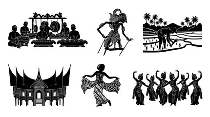Obraz premium Indonesian Culture Icons: Gamelan, Wayang, Rice Fields, Dance, Architecture