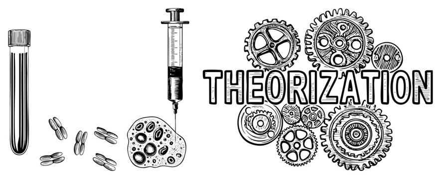 Hypothesis formation graphic featuring mechanical gears, biological syringe injection, chromosome structures conceptual science diagram, theoretical framework visual.