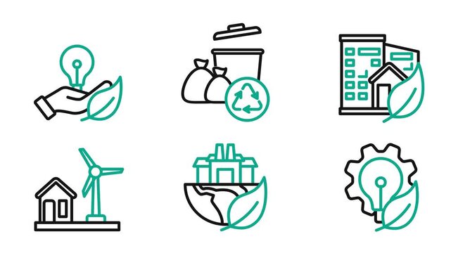 Green Technology 2D Outline Icon Animation Cartoon 4K Video. Motion Graphic. Contain innovation, compost system, eco building, eco factory, eco home. Editable On Transparent Background Alpha Channel.