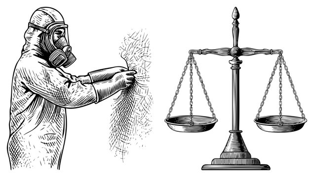 Toxic material handler in protective gear inspecting surface beside justice scale, hazmat inspector, chemical safety officer, forensic analyst, compliance.