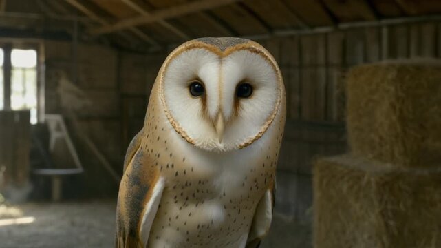 Barn Owl Turning Its Head Inside a Rustic Barn