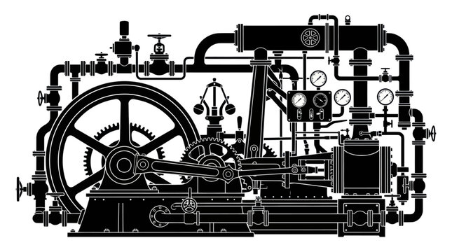 Black and White Line Art of a Vintage Steam Engine Machine