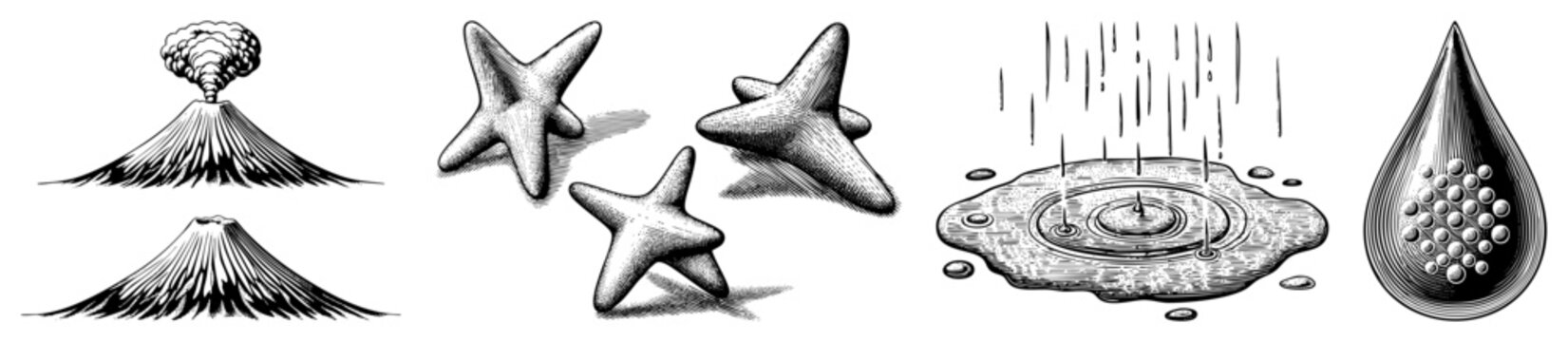 Black and white etched drawings depicting geological eruptions, marine echinoderms, precipitation dynamics, and liquid surface tension phenomena also called engraved prints or stippled diagrams.