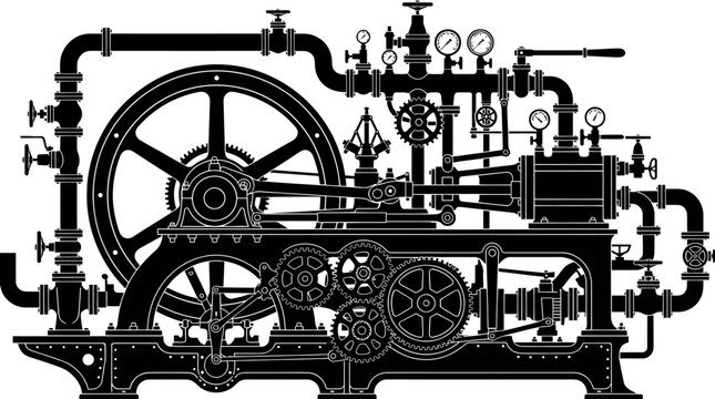 Vintage Industrial Steam Engine Black and White Engineering Vector Illustration